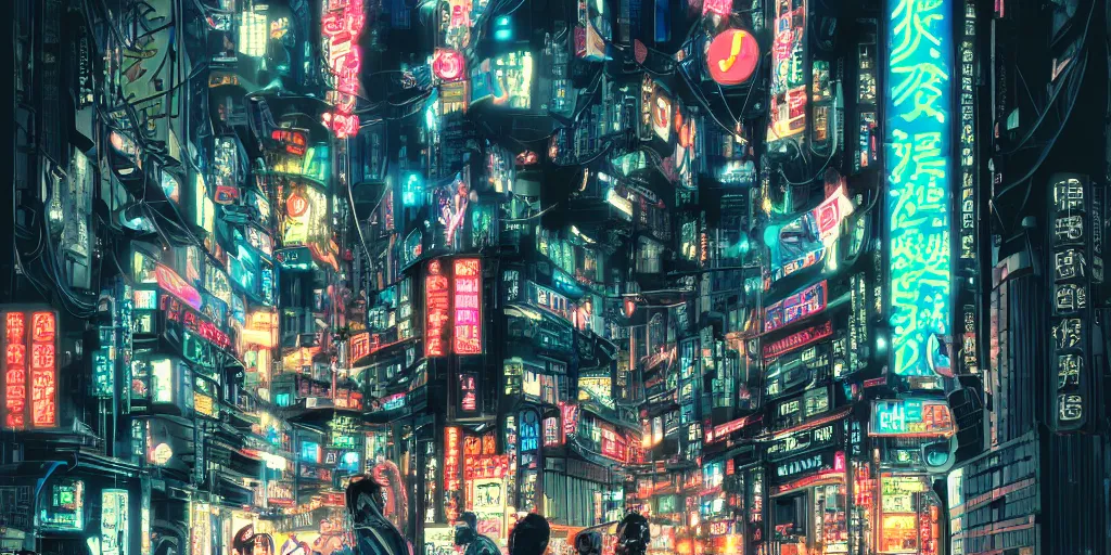 Prompt: Intricate cyborgs on a cyberpunk Tokyo street with neon signs in Japanese. 80-s sci-fi, 8K, Highly Detailed, ArtStation. C 11.0