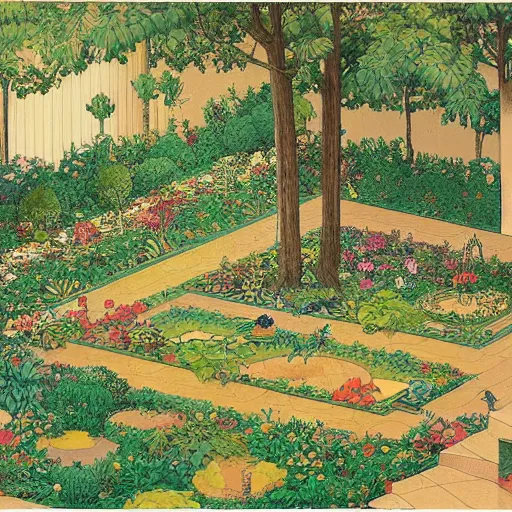 Prompt: an illustration of a beautiful garden, isometric view, painted by moebius and james jean