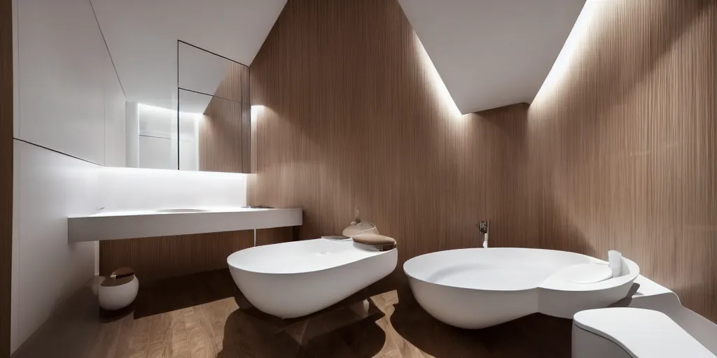 Prompt: bathroom designed by zaha hadid with wood paneling, futuristic furniture, led lighting, minimalist interior design, modern architecture, photography