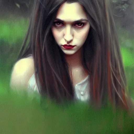 Image similar to a realistic illustration portrait of a beautiful cute girl with wavy black red shoulder - long hair, a pointy nose and, round chin black eyeliner and green pupills, in a garden, trending on artstation, hyper - realistic lighting, intricate by casey baugh