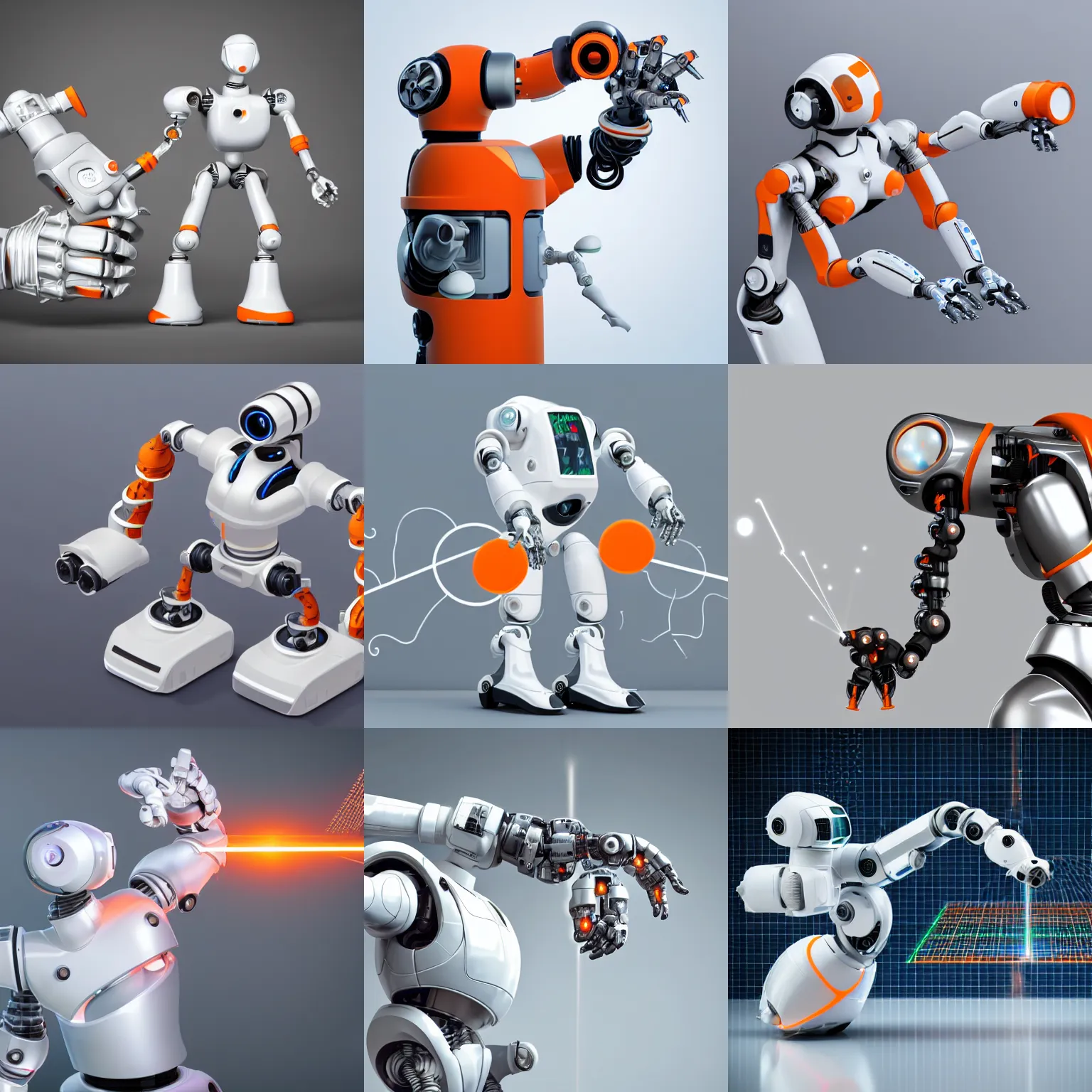 Prompt: white background, very detailed isometric, photo realistic render of an intricate futuristic industrial robot with a laser beam on a mechanical arm extracting energy from a portal; the robot is white and glossy, some parts are of reflective polished metal, few orange contrast color details; the shapes of the robot are smooth and graceful; white background, 8k, trending