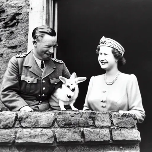 Image similar to 1 9 4 6 historical photo 1 3 5 mm of a single german general and a young queen elizabeth, a cute corgi watches, french village interior, highly detailed, sharp focus, symmetrical face