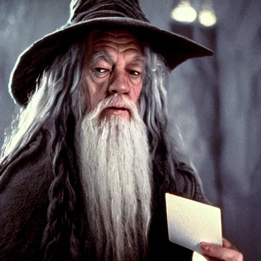 Image similar to portrait of gandalf, pink bowtie in his long white hair, holding a blank playing card up to the camera, movie still from the lord of the rings