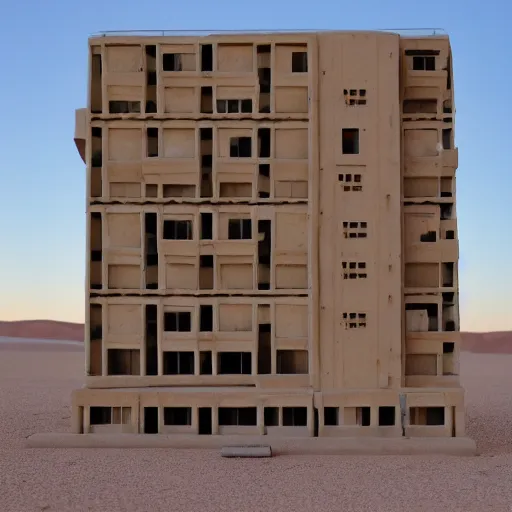 Image similar to big scale baby toy hotel in the dessert, brutalism