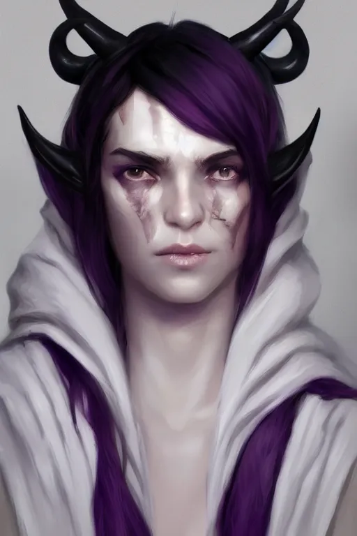 Prompt: white horns djinn human mix, black hair , portrait, concept art, purple and white thich cloak, single face, illustration, costume design, editorial photo, fashion, hyperrealism, realism, trending on artstation, Charlie Bowater, WLOP