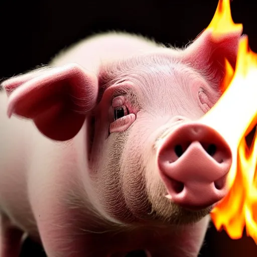 Image similar to Live Action Still of an isolated pig blowing fire fire, real life, hyperrealistic, ultra realistic, realistic, highly detailed, epic, HD quality, 8k resolution, body and headshot, Exquisite detail, post-processing, masterpiece, Cinematic Lighting, Unreal Engine, 8k, HD, white background