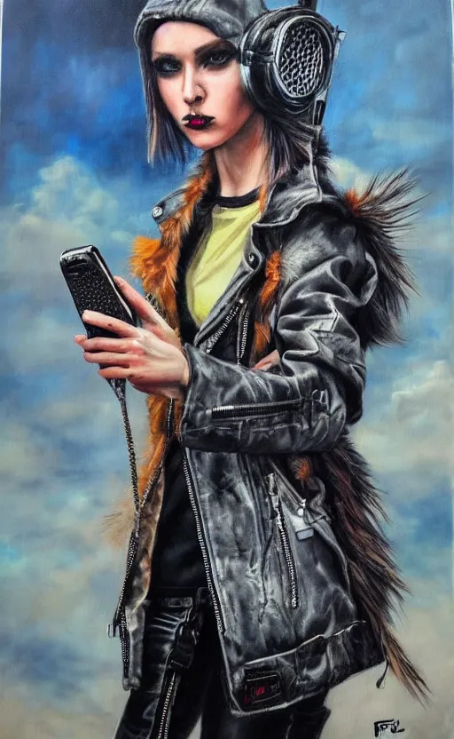 Prompt: cute punk rock girl making selfie, mad max jacket, renaissance, cables on her body, hyper realistic style, oil painting, fantasy by Olga Fedorova