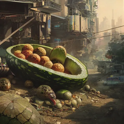 Prompt: Concept Digital Art Highly detailed Giant Watermelon war machine protecting Beautiful Ukrainian village by Taras Shevchenko By Stephen Hickman and Beeple. Very highly detailed 8K,Pentax 67, Kodak Portra 400 in style of Hiromasa Ogura Ghost in the Shell, the golden ratio, rational painting