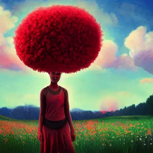 Image similar to giant red flower afro, girl standing in a field with flowers, surreal photography, hills, big trees, sunrise dramatic light, impressionist painting, colorful clouds, digital painting, pointillism, artstation, simon stalenhag