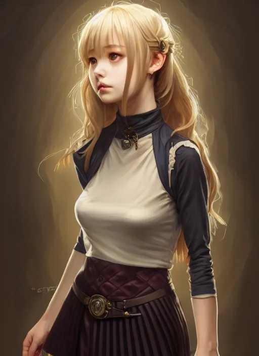 Image similar to portrait of a full body of beautiful young female detective, d & d, sleeveless turtleneck, pleated skirt, fantasy, flat lighting, intricate, highly detailed, digital painting, artstation, concept art, smooth, sharp focus, illustration, misa amane, art by simon bisley and greg rutkowski and alphonse mucha, natural tpose