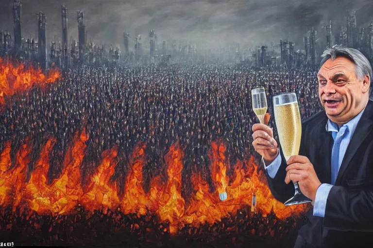 Image similar to viktor orban drinking champagne and cheering at the apocalyse in front a burning city, highly detailed eyes, oil on canvas