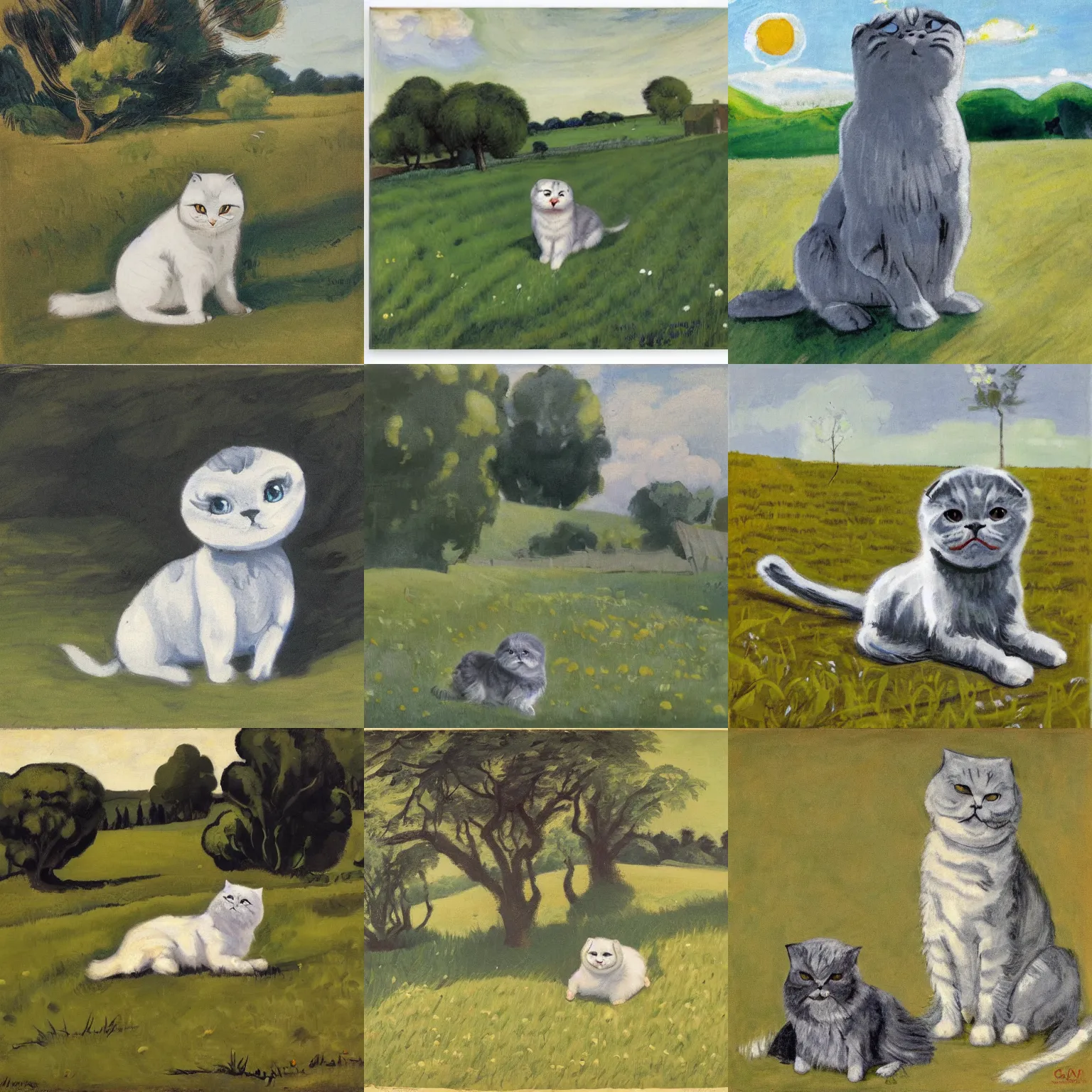 Prompt: a gray scottish fold sitting in the middle of sunny meadow, by william gropper