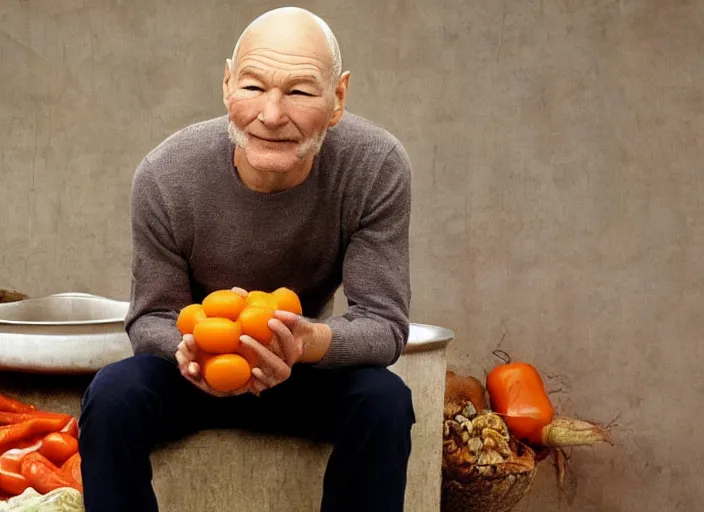 Image similar to patrick stewart sitting in a big bowl of vegetable stew