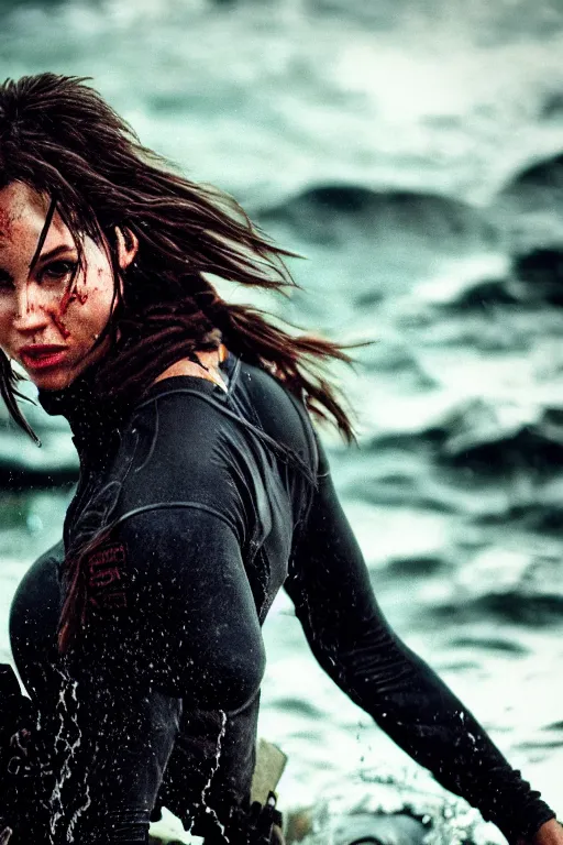 Image similar to cinestill 5 0 d candid action photographic portrait by quentin tarantino of lara croft wearing rugged black mesh techwear in treacherous waters, extreme closeup, modern cyberpunk retrofuturism moody emotional cinematic, pouring iridescent rain, 8 k, hd, high resolution, 3 5 mm, f / 3 2, motion blur, ultra realistic faces, ex machina 8 k