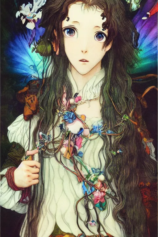 Image similar to pre-raphaelite cute anime girl with dark rainbow, blurred detail, photo by Annie Leibovitz, Katsuya Terada