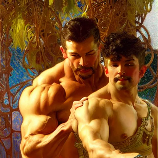 Prompt: attractive muscular mike and muscular attractive ty, drinking their hearts out, boys night out. highly detailed painting by gaston bussiere, craig mullins, j. c. leyendecker, alphonse mucha 8 k