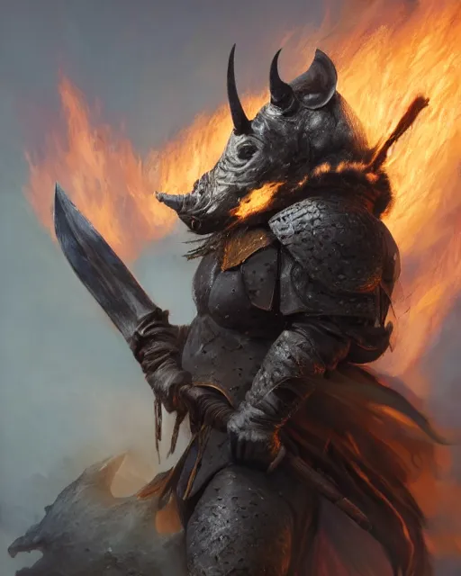 Image similar to oil painting of Anthropomorphized Rhino Warrior, wearing fur cloak, sharp focus, holding gigantic burning Axe, warrior clothes, heroic pose, dramatic artwork, fantasy style, octane render, volumetric lighting, 8k high definition, by greg rutkowski, highly detailed, trending on art Station, magic the gathering artwork, burning fire Battlefield background, centered