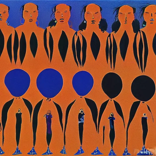 Image similar to soft, curvaceous by mati klarwein, by marsden hartley, by tatsuro kiuchi. a beautiful experimental art of a group of people standing in a line. they are all facing the same direction & appear to be waiting for something.