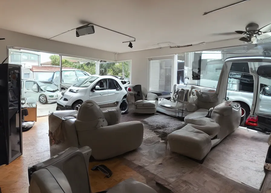 Image similar to photo of a smart car parked in a living room, wide angle