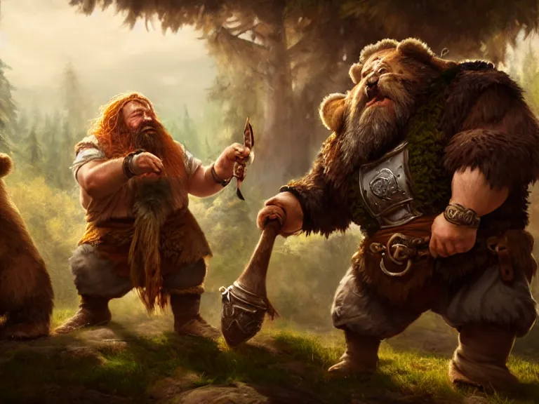 Prompt: Drunk Dwarf Druid and his Bear start a fight at the Tavern, RPG Portrait, Oil Painting, Trending on Artstation, octane render, Insanely Detailed, 8k, HD