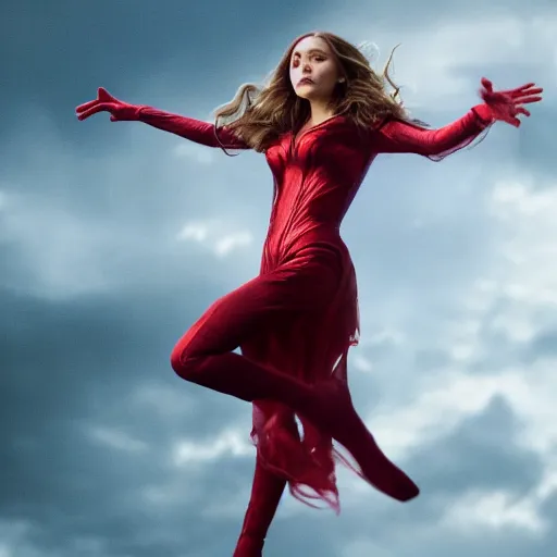 Image similar to elizabeth olsen as the scarlet witch, floating in the air as she emanates magic from her palms, full - body portrait, 3 5 mm!!!!! photography, disdain facial expression, messy!!!!! hair, trending on artstation, photorealistic!!!!!, 4 k, 8 k