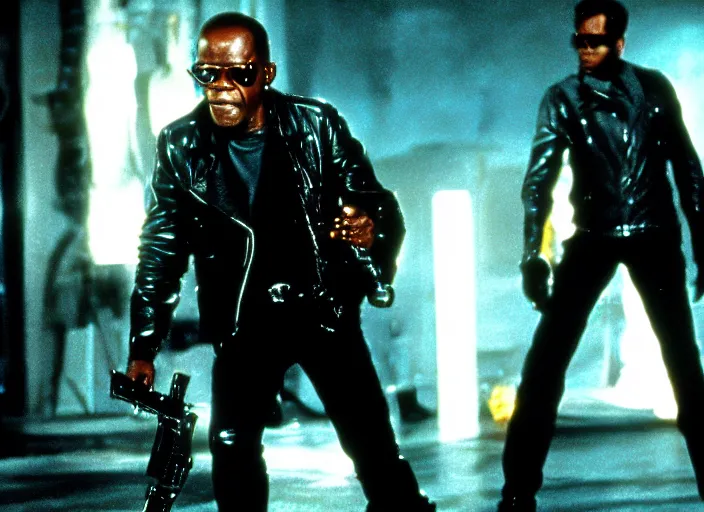 Image similar to Samuel L. Jackson plays Terminator wearing leather jacket and his endoskeleton is visible, action scene from the film