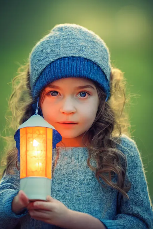 Prompt: dreamy portrait of a little girl holding up a lantern, photorealistic portrait, bokeh background, night lights, sharp focus, smooth facial tones, blue emerald eyes, brown woven hat, blue sweater, 8 5 mm photography, award - winning photography, trending on 5 0 0 px