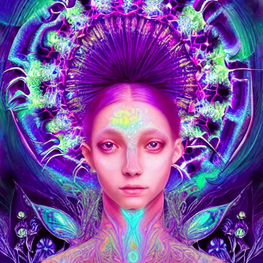 Image similar to An extremely psychedelic crystalline soul fairy, multifaceted, crystals, surreal, dramatic lighting, magic mushrooms, psilocybin, LSD, face, detailed, intricate, elegant, lithe, highly detailed, digital painting, artstation, concept art, smooth, sharp focus, illustration, art by Krenz Cushart and Artem Demura and alphonse mucha