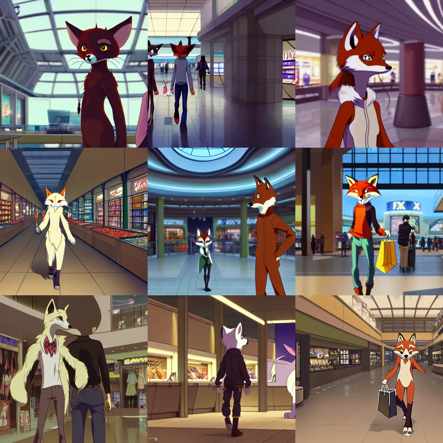 Prompt: an anthropomorphic furry ( fox ) shopping at a futuristic mall, photorealistic, anime, makoto shinkai, james gurney, don bluth, hibbary, dark natasha, goldenwolf, furaffinity