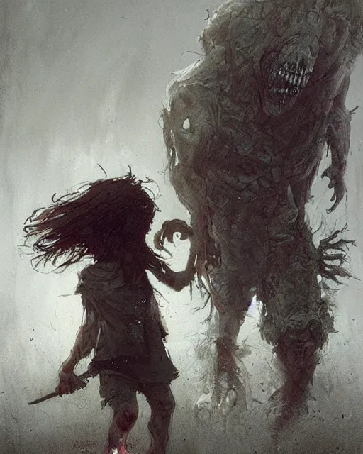 Prompt: a child zombie walking toward a scared teenager that fell on the ground by jean baptiste monge and greg rutkowski