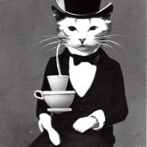 Prompt: a classy cat with a top hat drinking his tea, 1 8 9 0 vintage photo