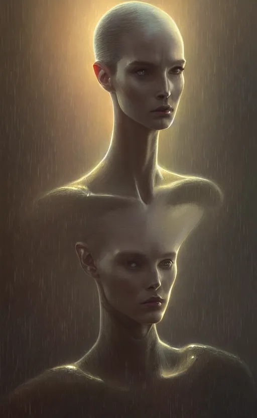 Image similar to portrait of a grey alien, deep focus, blade runner 2 0 4 9, fantasy, intricate, elegant, highly detailed, digital painting, artstation, concept art, matte, sharp focus, illustration, art by artgerm and greg rutkowski and alphonse mucha