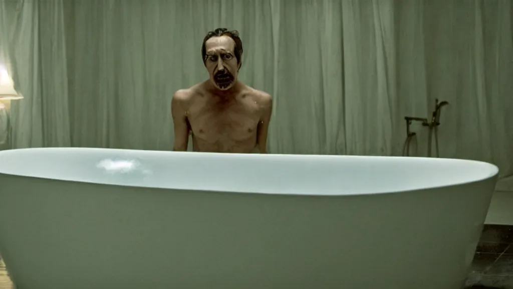 Image similar to the strange creature in a bathtub, film still from the movie directed by Denis Villeneuve with art direction by Salvador Dalí, wide lens