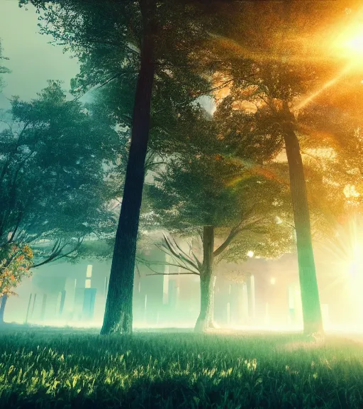 Image similar to symmetric daydreaming of the god of sun glare, fluid dance of the blockchain big cotton sheets in the center of the air, cyberpunk forest, majestic light, octane render, beauty fog, ethereal glare of the sun, raining rainbow, volumetric lighting, hyperealistic, epic, masterpiece