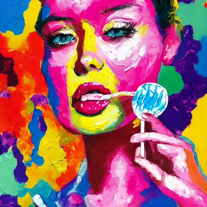 Image similar to portrait of beautiful woman licking a lollipop painted with colorful gouache impasto