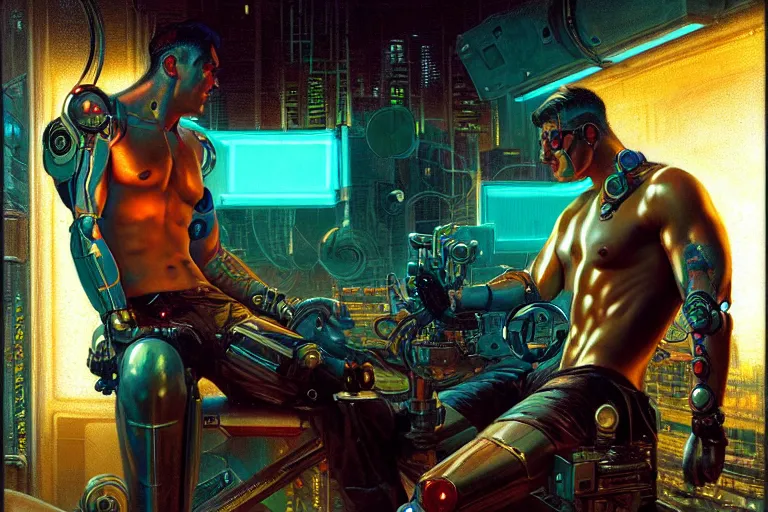 Prompt: cyberpunk style, attractive muscular male with tattoo, robotic arm, neon lights, cool tint, painting by gaston bussiere, craig mullins, j. c. leyendecker, tom of finland