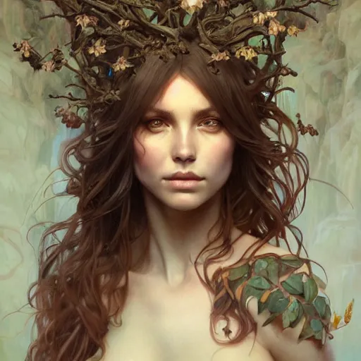 Prompt: Portrait of dryad, upper body, intricate, wild, highly detailed, fantasy, digital painting, artstation, concept art, smooth, sharp focus, illustration, art by artgerm and greg rutkowski and alphonse mucha