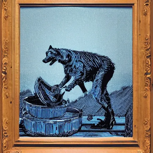 Image similar to blue woodcut print cartoon, hills science diet dog food at midnight by greg rutkowski, fine details, highly detailed