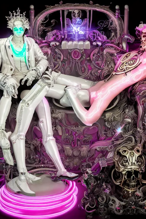 Prompt: full-body rococo and cyberpunk style neon statue of a young attractive Italiano macho dotado e rico android sim roupa reclining con las piernas abertas e la piroca dura, glowing white laser eyes, prince crown of pink gears, diamonds, swirling silver-colored silk fabric. futuristic elements. full-length view. space robots. human skulls. intricate artwork by caravaggio. Trending on artstation, octane render, cinematic lighting from the right, hyper realism, octane render, 8k, depth of field, 3D