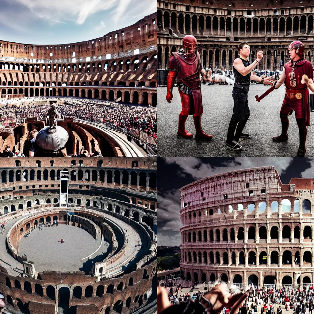 Prompt: Fight between julius caesar and elon musk in the colosseum, epic, bokeh, action, cinematic composition, digital photography, award winning, close up, 40mm lense, wide angle