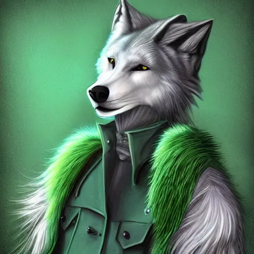Prompt: Beautiful digital painting, anthro anthropomorphic pastel-green androgynous wolf, Punk outfit. lake