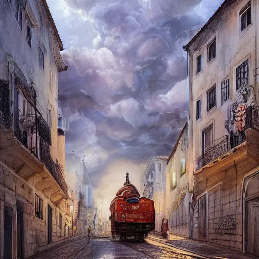 Prompt: Lisbon, oil on canvas, intricate, portrait, 8k highly professionally detailed, HDR, CGsociety, illustration painting by Mandy Jurgens and Małgorzata Kmiec and Dang My Linh and Lulu Chen and Alexis Franklin and Filip Hodas and Pascal Blanché and Bastien Lecouffe Deharme, detailed intricate ink illustration, heavenly atmosphere, detailed illustration, hd, 4k, digital art, overdetailed art, concept art, complementing colors, trending on artstation, Cgstudio, the most beautiful image ever created, dramatic, subtle details, illustration painting by alphonse mucha and frank frazetta daarken, vibrant colors, 8K, style by Wes Anderson, award winning artwork, high quality printing, fine art, gold elements, intricate, epic lighting, very very very very beautiful scenery, 8k resolution, digital painting, sharp focus, professional art, atmospheric environment, art by artgerm and greg rutkowski, by simon stålenhag, rendered by Beeple, by Makoto Shinkai, syd meade, 8k ultra hd, artstationHD, 3d render, hyper detailed, elegant, by craig mullins and marc simonetti, Ross Tran and WLOP, by Andrew Wyeth and Gerald Brom, John singer Sargent and James gurney