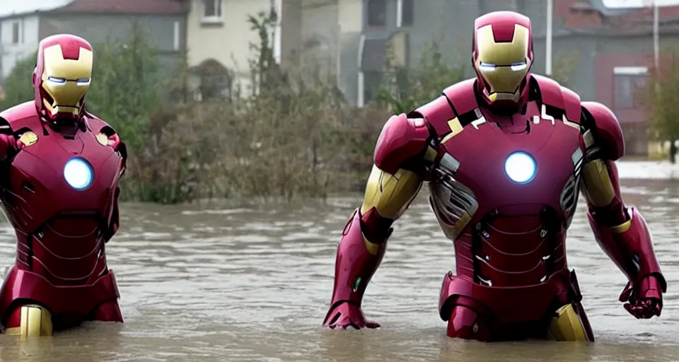 Image similar to Iron Man saving a small german town that is being flooded, movie screenshot, dramatic scene