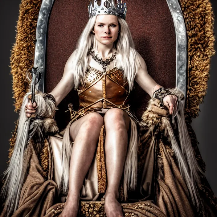 Image similar to photo of a very beautiful!! nordic queen warrior sitting on her throne highly detailed 8 k hdr smooth sharp focus high resolution award - winning photo
