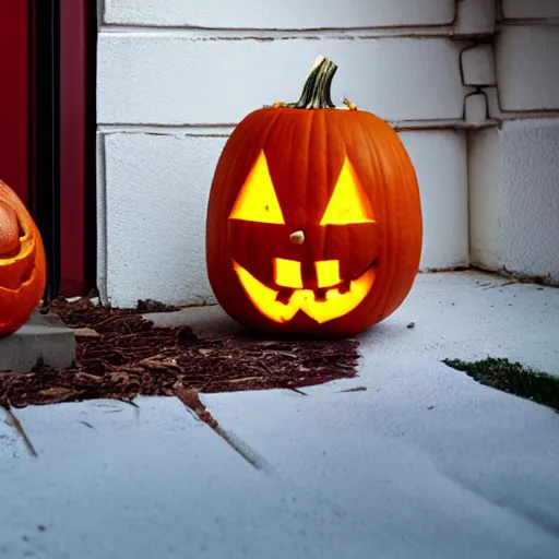 Image similar to movie still of a jack o lantern on the front porch of a house in the woods