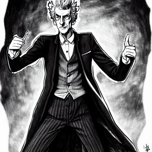 Prompt: Peter Capaldi in a scene from Pokemon, artstation, concept art, sharp focus, illustration in pen an ink, black and white, art by Masashi Tanaka