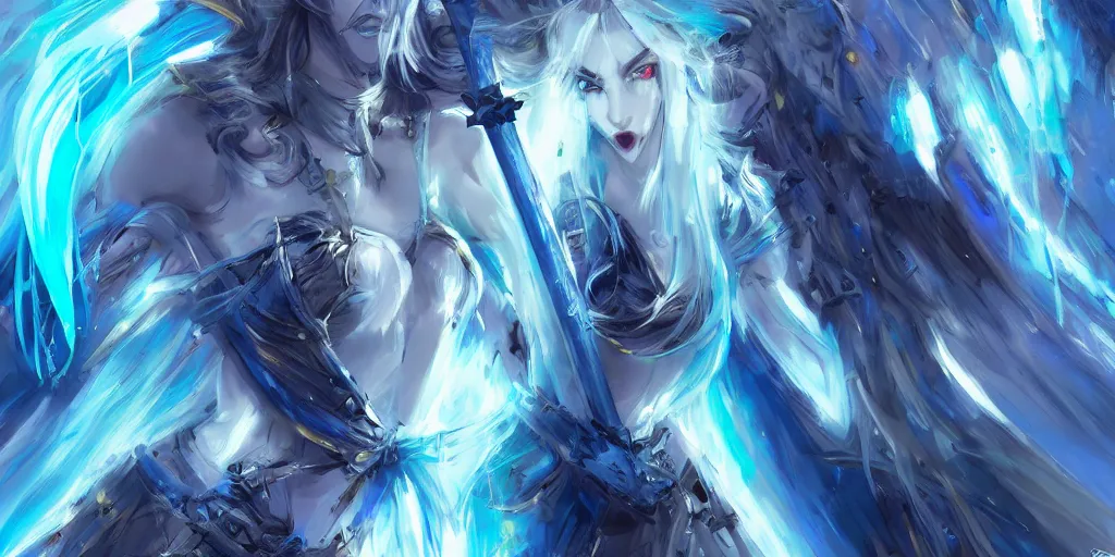 Image similar to the beautiful girl's blue hair dances with electricity, her sword a blade made of light, her blue eyes gazed upon the horde of monster in front of her fearlessly, with the elegance of a true knight, digital art