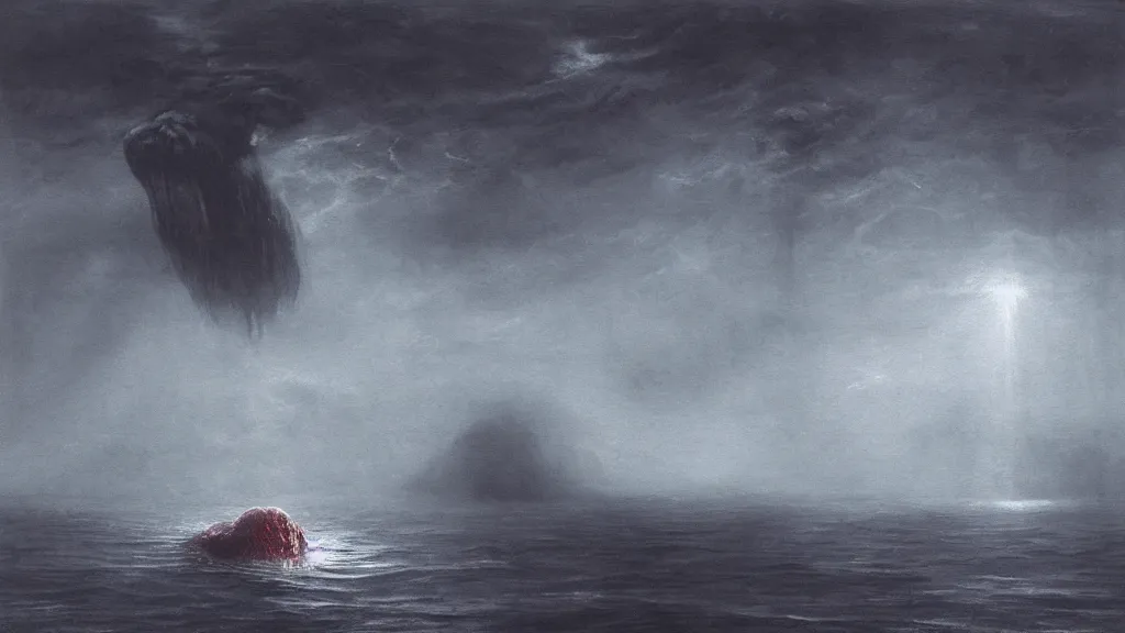 Image similar to environment in the ocean, a huge monster of the deep emerges out of the darkness of the deep ocean waters to attack a small submarine, tentacles, Beksiński, Achenbach, horror, cinematic lighting, Technicolor, crepuscular rays