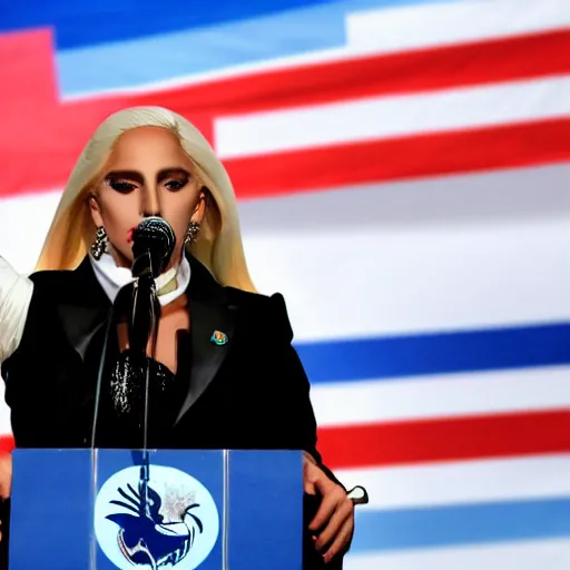 Image similar to Lady Gaga as president, Argentina presidential rally, Argentine flags behind, bokeh, giving a speech, detailed face, Argentina