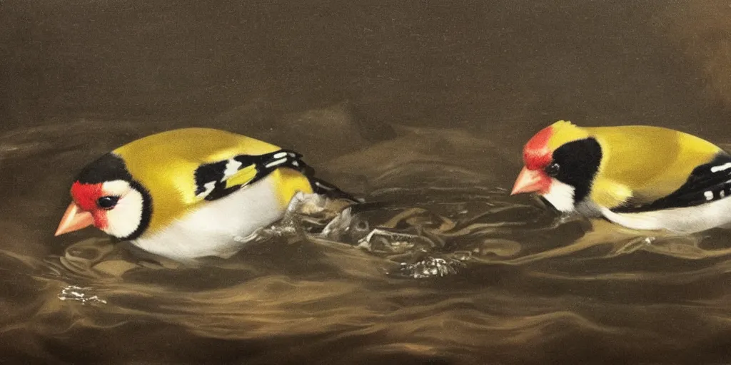 Image similar to painting of a goldfinch drowning in a river of nightmares, in the background you can see the universe. by theodore gericault, realistic oil painting, 4 k, studio lightning, award winning, very detailed shadows